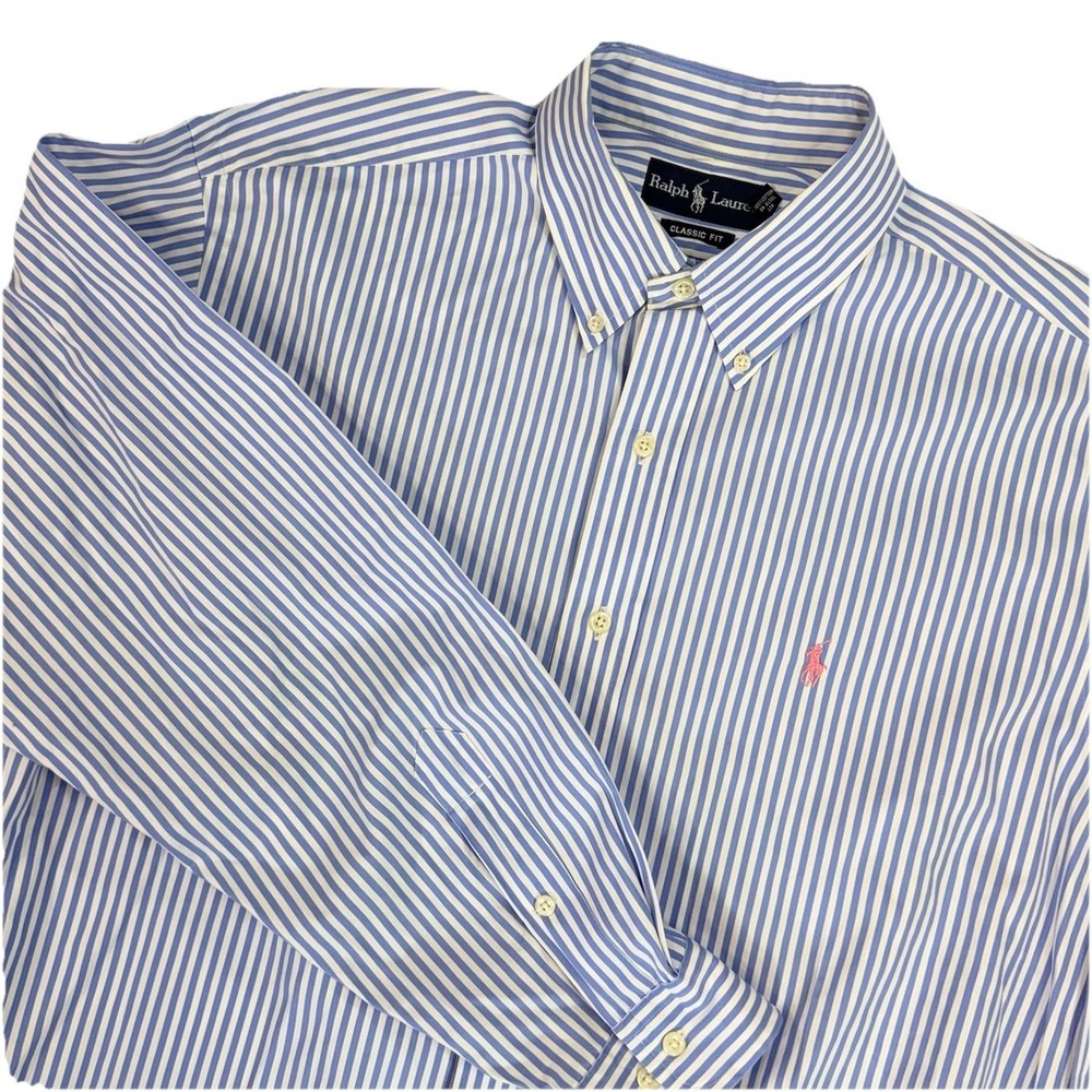 RALPH LAUREN Classic Fit Blue Stripe Button Down Shirt 16.5 34/35 XL Pony Logo